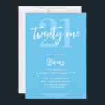 Modern Blue Elegant 21. Geburtstag Einladung<br><div class="desc">Eine einfache,  moderne Einladung zum 21. Geburtstag mit eleganter Kalligraphie-Schrift-Typografie und minimalistischem Design in Blau und Weiß.</div>