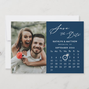 Modern Blue Elegante Script Custom Calendar Foto Save The Date