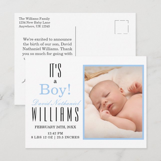 Modern Blue Es ist ein Junge! Baby Birth Announcem Postkarte (Vorne/Hinten)