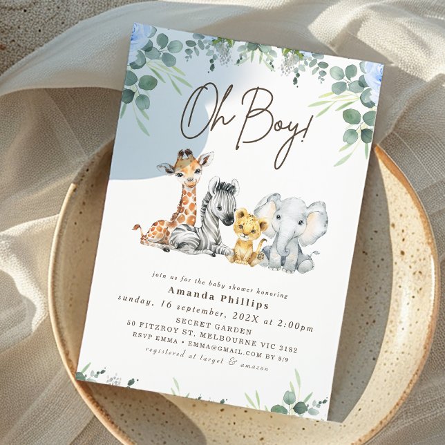 Modern Blue Eucalyptus Foliage Safari Baby Dusche Einladung (Boys Blue Floral and Foliage Safari Baby Shower Invitation, Jungle Animals Baby Shower Invitation)