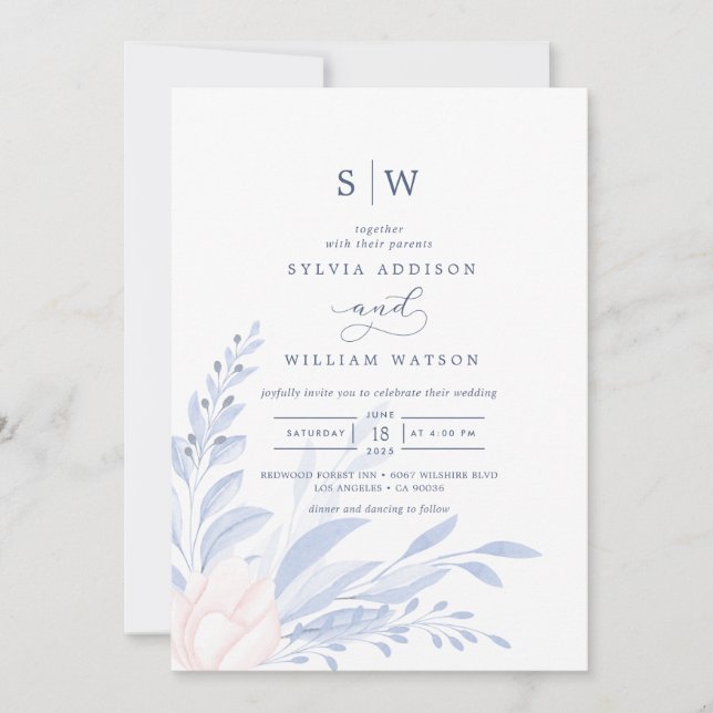 Modern Blue Eucalyptus Greenery Succulent Wedding Einladung (Vorderseite)