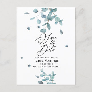 Modern Blue Eucalyptus Wedding Save the Date Ankündigungspostkarte