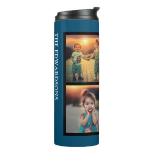 Modern blue family 4 Foto collage Familienname Thermosbecher