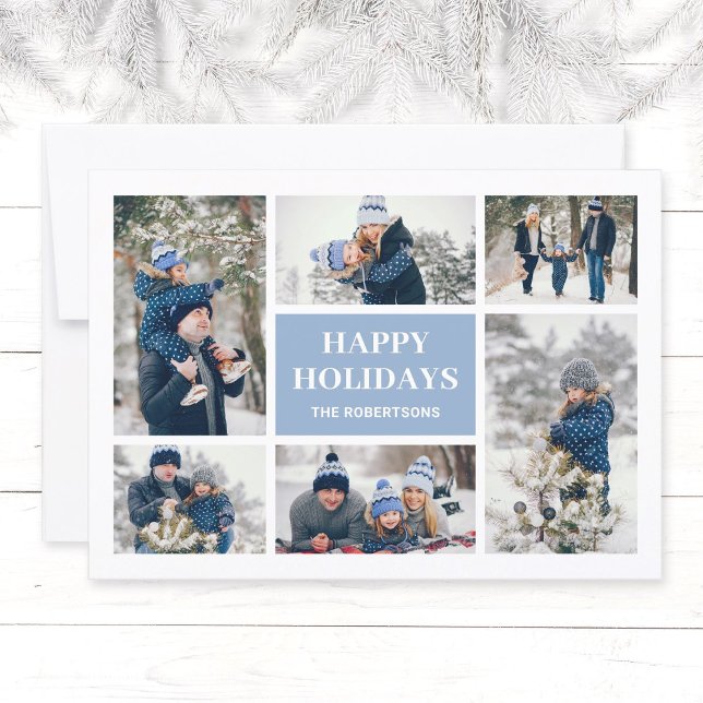 Modern Blue Family 8 Foto Collage Weihnachtskarte (Modern, elegant family in winter photo collage Christmas greeting card in ligh blue, Happy Holidays.)