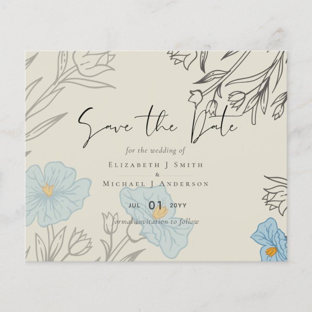 Modern Blue Floral Abstrakt Wedding SAve the Date (Vorderseite)