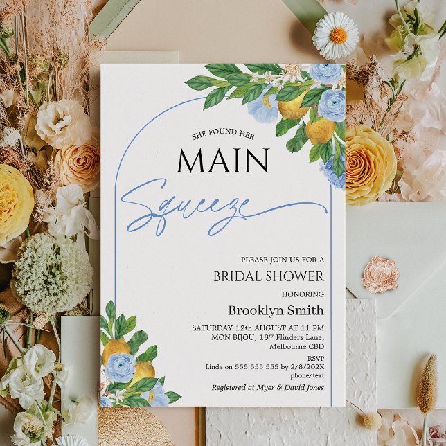 Modern Blue Floral Arch Lemon Brautparty Einladung (Lemon Bridal Shower Invitation Template, Blue Floral Lemon Bridal Shower, She Found Her Main Squeeze)