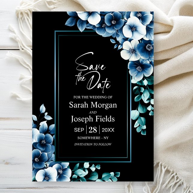 Modern Blue Floral Black Save the Date Einladung (Von Creator hochgeladen)