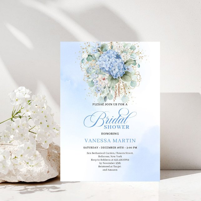 Modern Blue Floral Bridal Shower Gold Invitation Einladung (Modern Blue Floral Bridal Shower Gold Invitation)