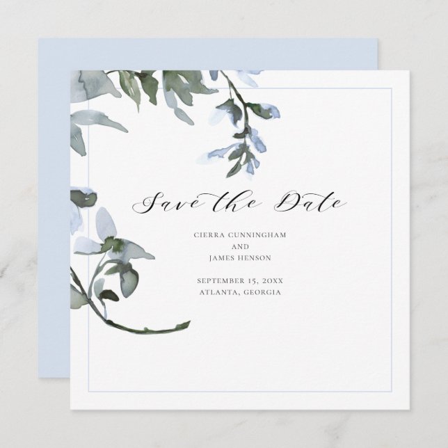 Modern Blue Floral Calligraphy Save the Date Card (Vorne/Hinten)