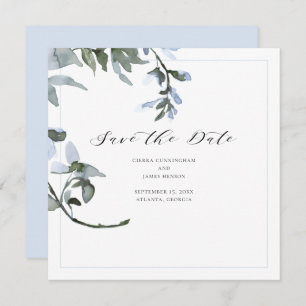 Modern Blue Floral Calligraphy Save the Date Card