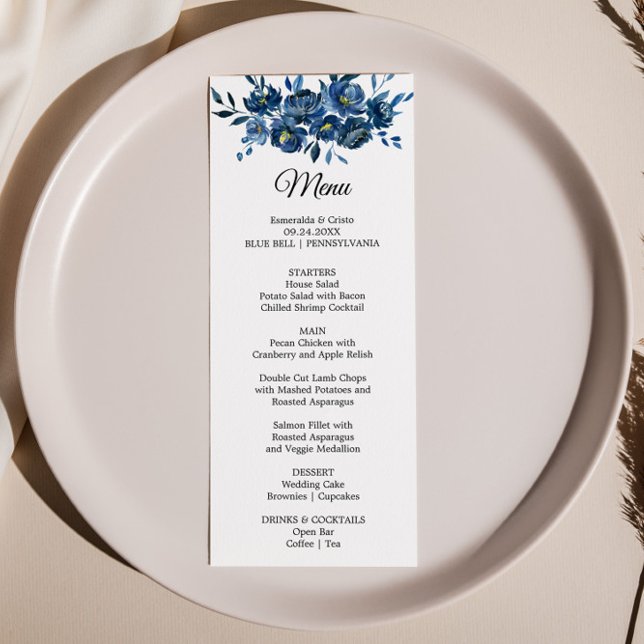 Modern Blue Floral Dinner Menu Card Einladung (Von Creator hochgeladen)