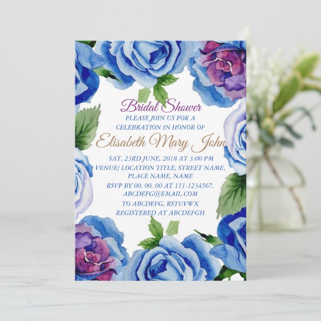 Modern Blue Floral Frame Bridal Dusche Einladung (Stehend Vorderseite)