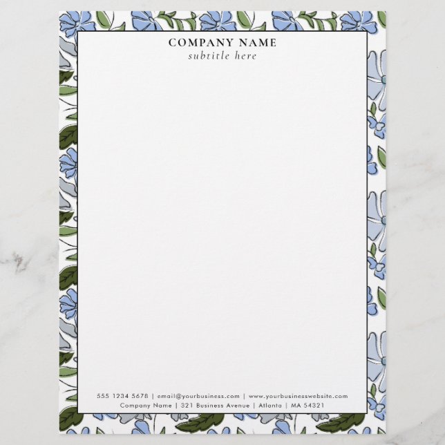 Modern Blue Floral Pattern Company Name Details Briefbogen (Vorderseite)
