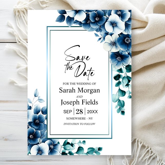 Modern Blue Floral Save the Date Einladung (Von Creator hochgeladen)