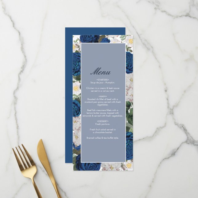 Modern Blue Floral Watercolor Menükarte (Vorderseite/Rückseite Beispiel)