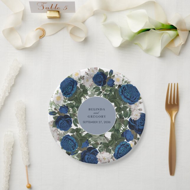 Modern Blue Floral Watercolor Pappteller (Hochzeit)