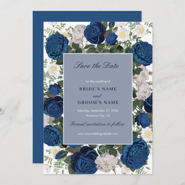 Modern Blue Floral Watercolor Save The Date (Vorne/Hinten)