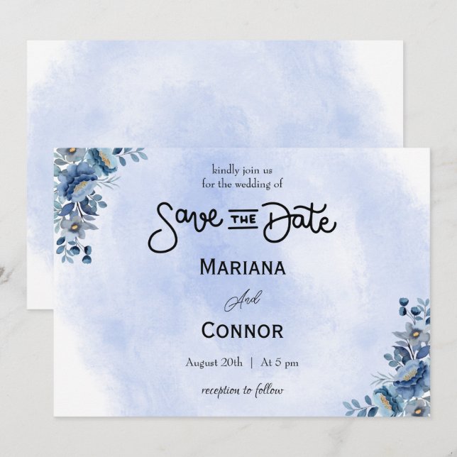 Modern Blue Floral Wedding Save the Date Einladung (Vorne/Hinten)