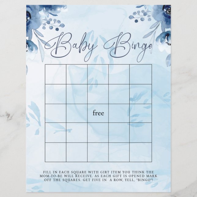 Modern Blue Flowers Bingo Baby Showgame (Vorderseite)