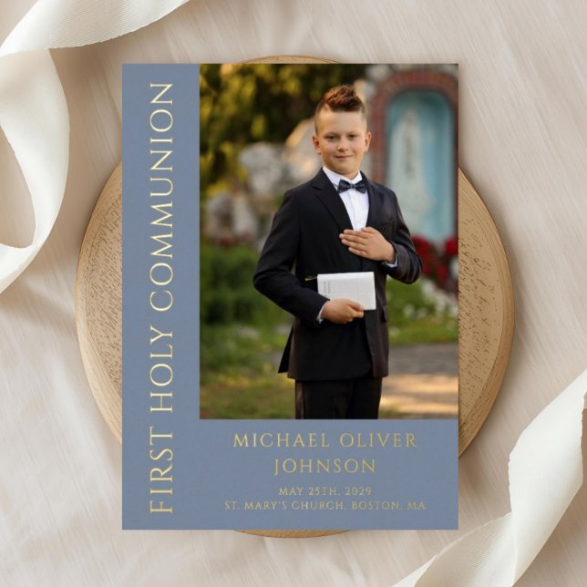 Modern Blue Foto Boy First Heilige Kommune Folieneinladung (Modern Boy Photo Blue First Holy Communion Foil Invitation)