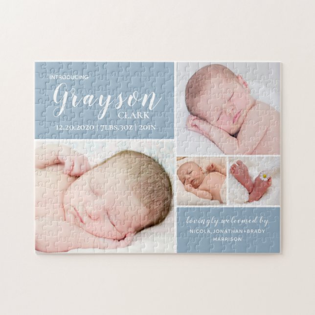 Modern Blue Foto Collage Baby Boy Birth Stats (Horizontal)