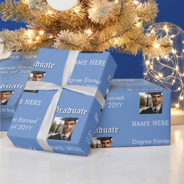 Modern Blue Foto, Name, Grad, Abschluss-Klasse Geschenkpapier (Feiertage)