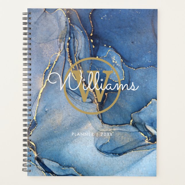 Modern Blue Geode Agate Gold Monogram 2023 Planer (Vorderseite)