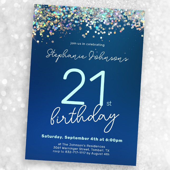 Modern Blue Glitzer 21. Geburtstag Party Einladung (Mock-up view)