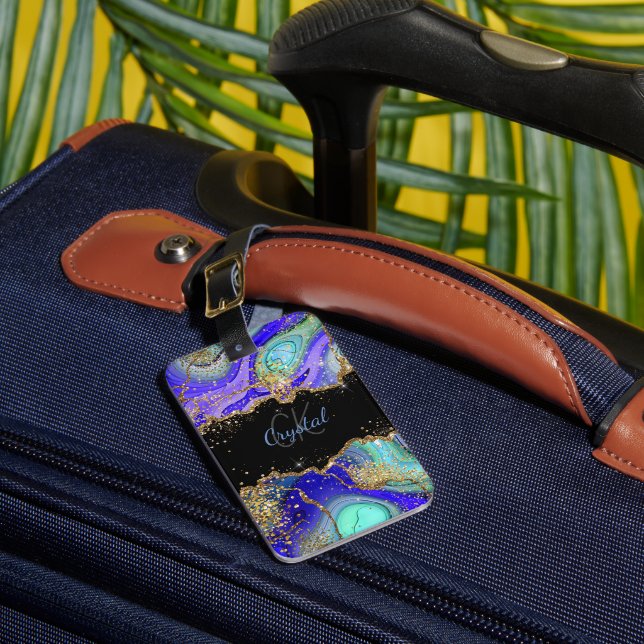 Modern Blue Glitzer Agate Gepäckanhänger (Vorderseite Insitu 1)