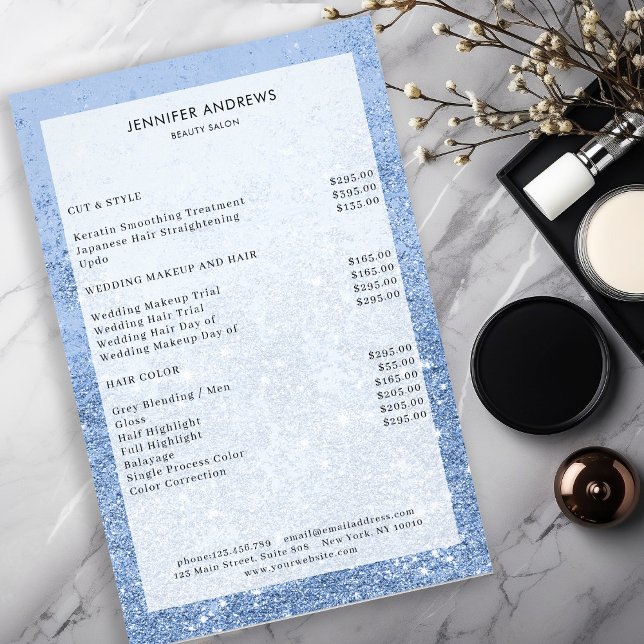 Modern Blue Glitzer Salon Price List Flyer (Von Creator hochgeladen)