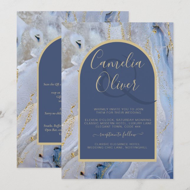 Modern Blue Gold Agate Marmorarsch Hochzeit Einladung (Vorne/Hinten)