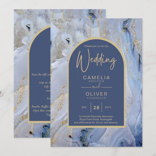 Modern Blue Gold Agate Marmorarsch Hochzeit Einladung (Vorne/Hinten)