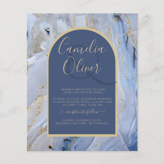 Modern Blue Gold Agate Marmorarsch Hochzeit Flyer (Vorne)