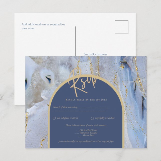 Modern Blue Gold Agate Marmorarsch Hochzeit Postkarte (Vorne/Hinten)