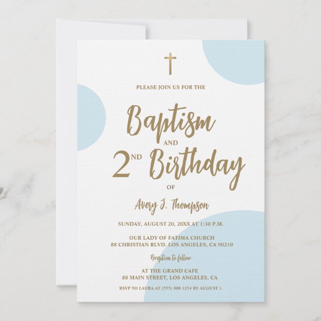 Modern Blue & Gold Baptism and Second Birthday  Einladung (Vorderseite)