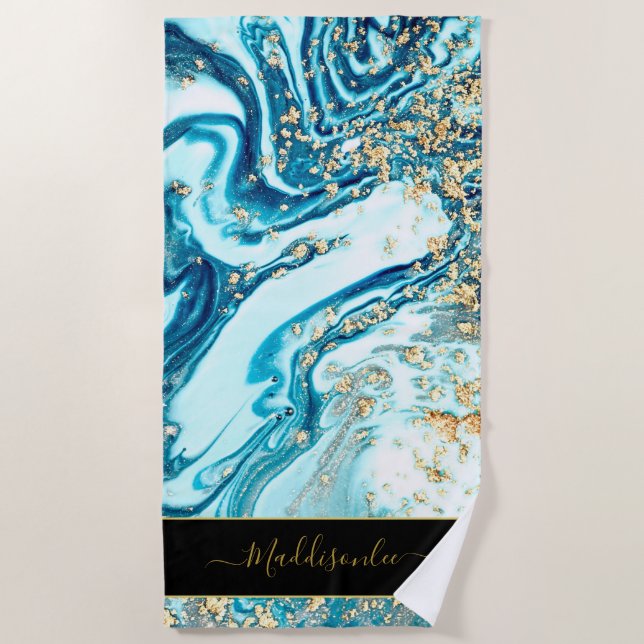 Modern Blue Gold Chic Marble Agate Monogram Name Strandtuch (Vorderseite)