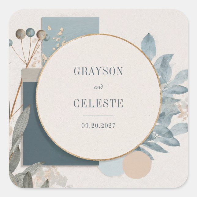Modern Blue Gold Geometric Botanical Wedding Quadratischer Aufkleber (Vorderseite)