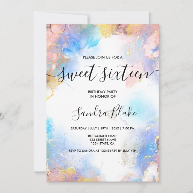Modern Blue Gold Girly Trendy Sweet 16 Einladung (Vorderseite)