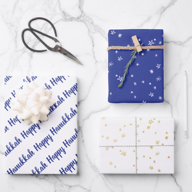 Modern Blue & Gold Happy Hanukah Stars Geschenkpapier Set (Vorderseite)