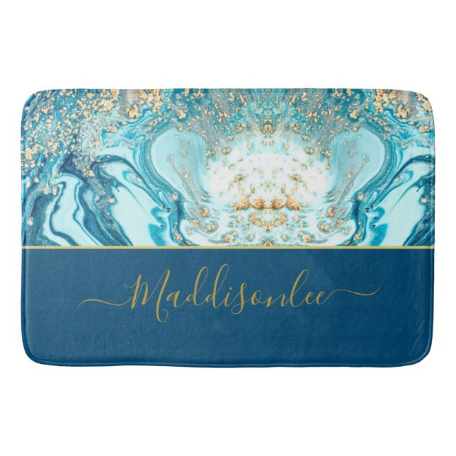 Modern Blue Gold Marmor Ocean Wasserfarbe Name Badematte (Vorderseite)