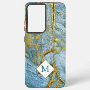 Modern Blue Gold Marmor texturiert Monogram Samsung Galaxy Hülle