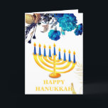 Modern Blue & Gold Menorah Happy Hanukka Holi Feiertagskarte<br><div class="desc">Die moderne Blue & Gold Menorah Happy Hanukkah Holiday Card mit weißem Hintergrund mit blauen und goldenen Rose & Hanukkah Kerzen.Im Inneren der Karte befindet sich eine persönliche Meldungsvorlage.Bitte klicken Sie auf den Button "Personalisieren",  um sie mit Ihrem eigenen Text zu personalisieren.</div>