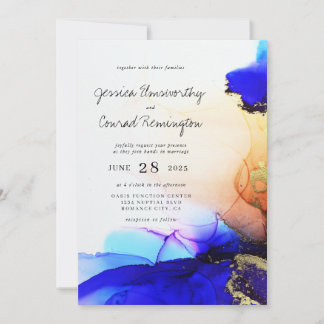 Modern Blue Gold Orange Alcohol Ink Wedding Einladung