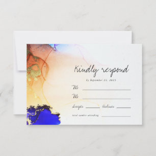 Modern Blue Gold Orange Alcohol Ink Wedding RSVP Karte