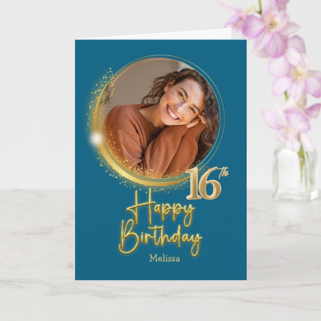 Modern Blue & Gold Photo Name 16th Birthday Karte (Orchidee)