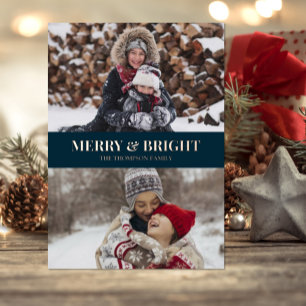 Modern Blue Gold Script Merry Bright Foto Folien Feiertagskarte