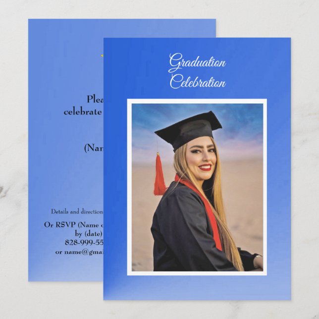 Modern Blue Gradient Grad Party Invitation - photo Einladung (Vorne/Hinten)