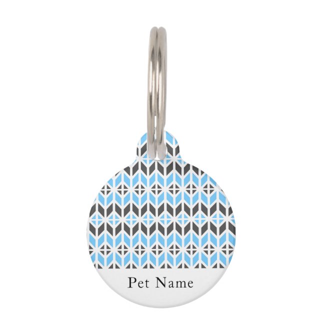 Modern Blue Gray Herringobone Geometrischer Name Haustiermarke (Vorderseite)