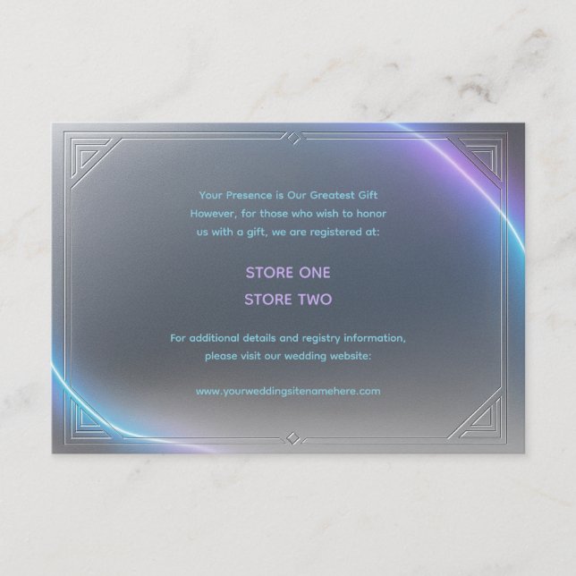 Modern Blue Gray Purple Electric Neon Glow Wedding Begleitkarte (Vorderseite)