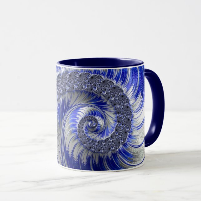 Modern Blue Gray White Spiral Fraktal Tasse (VorderseiteRechts)